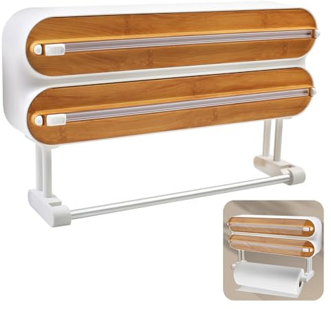 TIHOOK Wandrollenhalter Küche, 3-in-1 Frischhaltefolienspender mit Cutter, küchenrollenhalter magnetisch, Frischhaltefolie Schneider, Alufolie Spender, Papierrollenhalter, Weiß