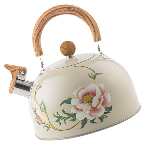 Luxshiny Tetera Con Silbido Esmalte Floral En Tetera De Acero De Agua De 3 Litros Con Asa Para Estufa De Esmalte Vintage (Estilo Flor)