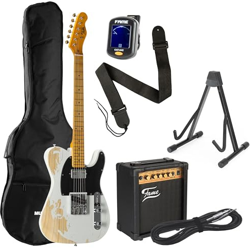 Fame TL Worn Out SH White E-Gitarren Set für Anfänger, inklusive MA-15 Verstärker, Zubehör, 6-saitige E-Gitarre, Ahornhals, 21 Bünde, SH Tonabnehmer, Chrom-Hardware, weiß