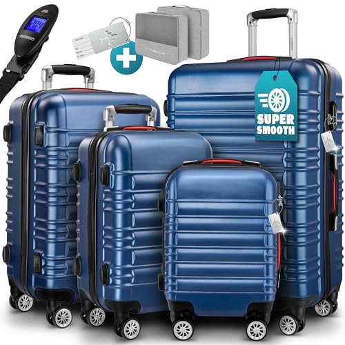 MONZANA® 4tlg Kofferset Schloss Organizer Kofferwaage Gurt Gel-Griffe Zwillingsrollen Standfüße Trolley Reisekoffer Hartschale Koffer S-M-L-XL Blau