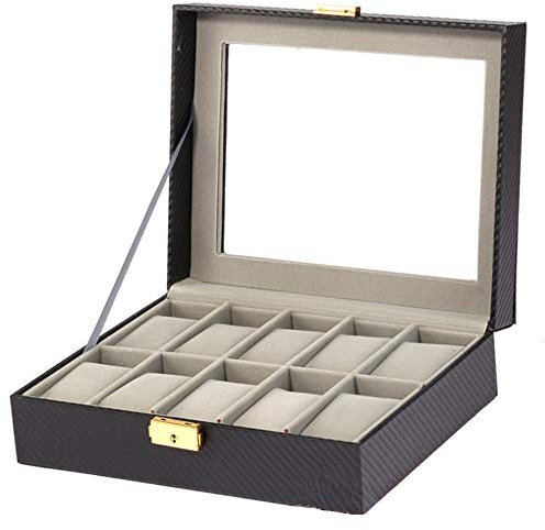 LVUNZJCA Uhrenbox Carbon-Faser-Uhr-Kasten 10 Grid-Uhr-Aufbewahrungsbehälter Metallverschluss-Uhr-Anzeigen-Box Schmuck-Display-Box Verpackung Box für Damen und Herren