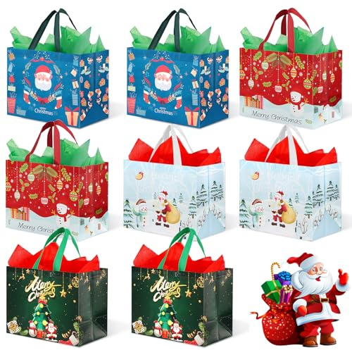 Geschenktüten Weihnachten Groß, Weihnachtstaschen mit Griffen, 32 x 25 x 17 cm Weihnachtstüten mit Geschenkpapier, Weihnachtsgeschenktüten für Weihnachtspartys Große Geschenke Weihnachtstasche