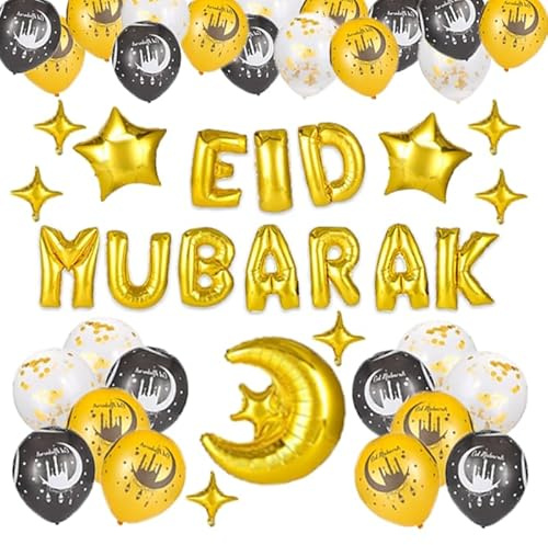 BOX And Tree| Eid Mubarak 48 Decoration KIT , 20 Ballon , 1 Banderole gonflable , 12 etoile gonflable – Ruban INCLUS Parfait Pour Ramadan Decoration Aid Moubarak