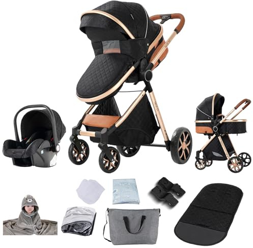 Magic ZC Kinderwagen 3 in 1, Kombikinderwagen 3 in 1 Komplettset mit Umkehrbarem Zwei-Wege-Schub, Buggy mit Zubehör Hohe Landschaft, Faltbarem Tragbarem One-Click-Design (V9 Black)