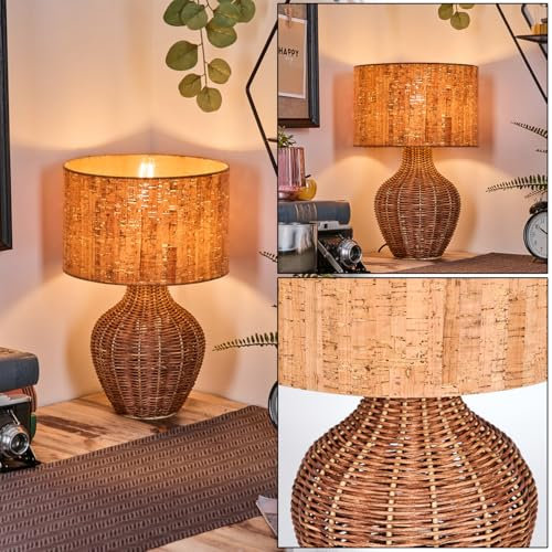 HOFSTEIN Halarna Table Lamp Rattan Wicker Cork Natural Brown Retro Vintage Light with Switch on Cable E27 Living Room Bedroom Dining Room Hallway Office