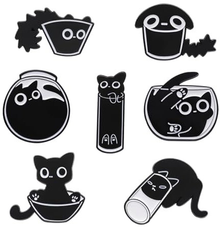 Aiyraa 7 Stück Pins Anstecker Schwarze Katze, Niedliche, Verspielte Emaille-Anstecker für Taschen, Jacken, Hüte, Tier Brosche, Schwarze Katzen-Emaille-Anstecknadeln