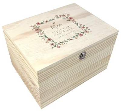 The Lovely Keepsake Company Personalised Any Message Flower Border Pine Memory Box - Custom Message | Anniversary, Wedding, Valentine's, Mother's Day, For her | W36 x D26.9 x H20cm