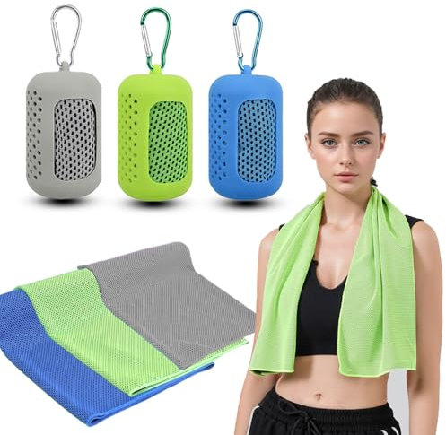 Gym Towels, 3 PCS Cooling Towel Soft Microfiber with Portable Silicone Sleeves, Microfiber Soft Quick Dry Gym Towel for Sport Camping Swim Fitness 30 x 90 cm Grey Blue Green