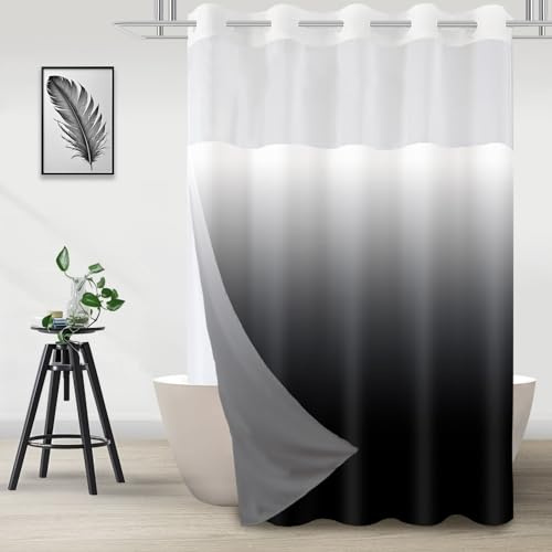 TWLSNCD No Hook Shower Curtain with Snap in Liner, Black and White Shower Curtains and Liner Set, Ombre Black Hotel Fabric Bath Curtain for Bathroom, Mesh Top Window Waterproof Washable, 71 x 74