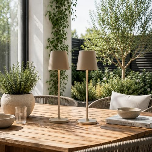 Lightbox 2er-Set LED Tischlampen für Innen & Außen | 37cm / 23cm Höhe, | 2er-Set LED Tischlampen für Innen & Außen | 37cm / 23cm Höhe, Ø10cm | cappuccinofarbene Outdoor Tischleuchten mit