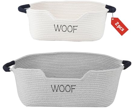 Geyecete 2er Set Hundspielzeug Aufbewahrungskorb,Baumwollseil Weave Korb für Hund Katze Spielzeug,Hundspielzeug Bin mit Griffen,Welpen Spielzeug Zubehör Aufbewahrungsbehälter,Welpen Bett-Beige/Grau