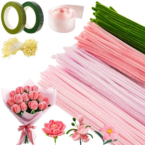 Pfeifenreiniger Blumen Set, 400 Stück Pfeifenputzer zum Basteln 4 Farben, Pfeifenreiniger zum Basteln, mit Blumendraht,Floristenband Blumen Staubblatt für Blumenstrauß DIY Dekorationen (Rosa)