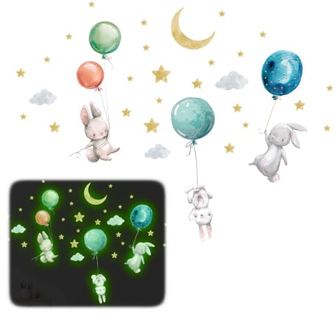 Leuchtsterne Kinderzimmer, Hase Sternenhimmel Luftballon Wandsticker Kinderzimmer, Wasserfeste PVC Wandtattoo Selbstklebend für Junge Mädchen Schlafzimmer Spielzimmer Babyzimmer