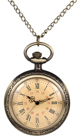 JewelryWe Retro Taschenuhr Herren mit Kette, Vintage 24-Stunden-Zifferblatt Analog Quarz Kettenuhr mit Römischen und Arabischen Ziffern Unisex Antik Bronze Uhr Anhänger mit Langer Halskette