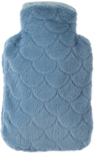 OWOZOI Wärmflasche mit Bezug Flauschig, Kuschelig Wärmflaschen mit Tasche Fellbezug für Hände, 2L Groß Naturkautschuk Gummi Wärmeflasche, Bettflasche für Erwachsene (Blau)