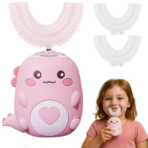 Spazzolino da denti elettrico a 360º per bambini, spazzolino da denti elettrico con 2 testine in silicone a forma di U, ricaricabile e impermeabile, per casa, viaggi, uso (rosa 2-6 anni)