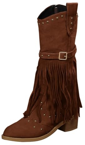 Generiska cowboystövlar dam svarta fransar västerländska stövlar dam läder medeltida cowboy stövlar vintage västerländska stövlar nit ridstövlar medelstora vadutomhusskor mode stövlar festival