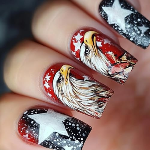Set di 24 unghie patriottiche per nail art, con disegni a stella, in acrilico, per feste e feste a tema, giorno dell'indipendenza