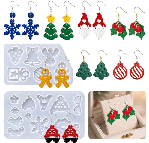Lot de 2 moules en silicone pour bijoux de Noël, en résine époxy, boucles d'oreilles, pendentifs, moules en résine, moules en silicone, flocons de neige, sapin de Noël, étoile pour la fabrication de