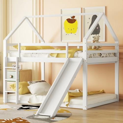 OOIILLEE Lit superposé Bas, Lits Doubles pour Enfants, Cadre en Bois Massif avec Toboggan et échelle pour garçons et Filles (140 * 200cm-Blanc)