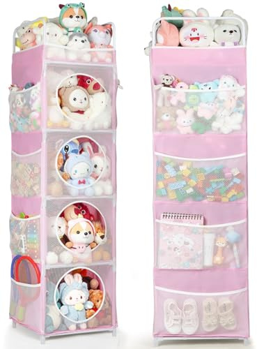 AXHOP Toy Storage, 42x42x162cm Teddy Storage, 5-Tier & 8 Side Pockets Toy Box, Kids Storage Unit for Bedroom & Playroom, Pink