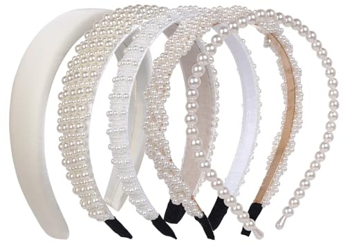 5 Stück Weiß Perlen Haarreifen, Retro Perlen Breites Dickes Stirnband Hochzeit Haarschmuck für Damen Mädchen Hochzeitsfrisuren Accessoires