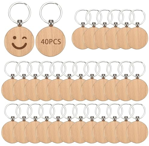 Lot de 40 porte-clés en bois - Diamètre : 4 cm - Ronds - Personnalisés - Vide - Pour bricolage, décoration, cadeaux, trousseau de clés, peinture