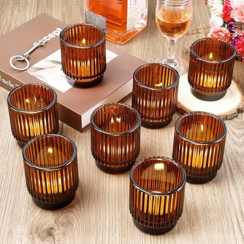 Jeffbaubl 8 Stück Teelichthalter Aus Glas, 7 x 8 cm, Bernstein | Teelichtgläser, Geriffelte Teelichtgläser Vintage, Votivkerzenhalter for Tischdekoration Wohnzimmer