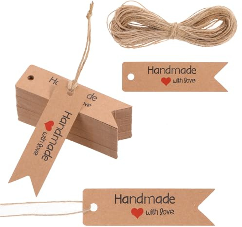 Handmade Label 100 Stück, Geschenkanhänger Handgefertigte Etiketten, Personalisierte Handgefertigt mit Liebe, braune Geschenk-Etiketten, Basteln, Handgefertigtes Geschenk