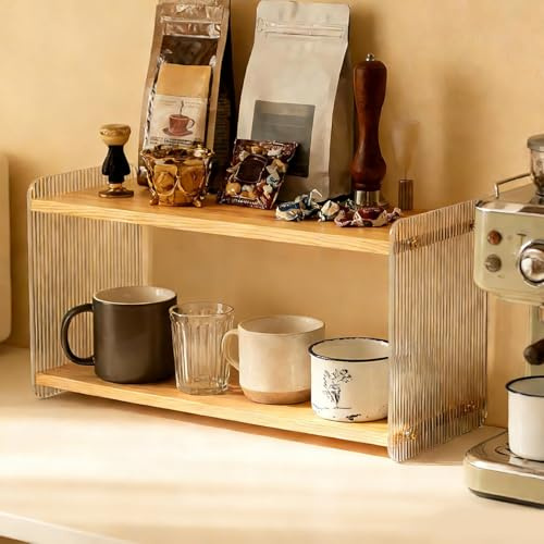 2 Tier Wood and Acrylic Counter Organizer Shelf, Coffee Mug Storage Rack | Coffee Station Organizer,Matcha Shelf for Kitchen Countertops for Kitchen Countertops,Coffee Bars for Placing Mugs