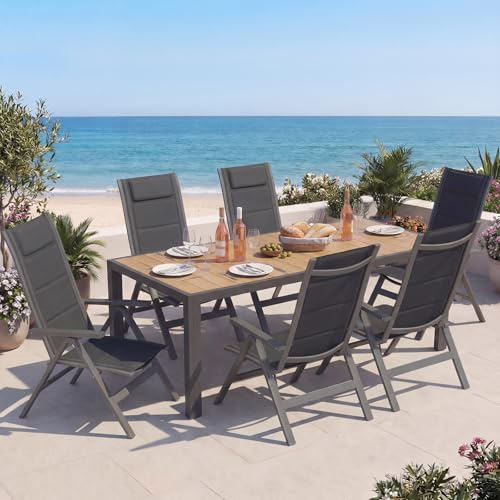Devoko Gartenmöbel Set 6 stühle mit Tisch, Bestehend aus 1 Aluminiumtisch und 6 Klappstühlen für balkonmöbel. 1 x 189 cm Gartentisch mit Holzmaserung, Terrassenmöbel-Set, Teakfarbe.