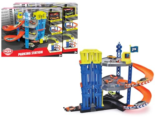 Dickie Toys Parking station play garage (43.5 x 31.5 x 36.5 cm), parking space for children from 3 years, 3 floors, manual lift, tank and charging station, lifting bridge, 2 cars made of metal, 2 gang