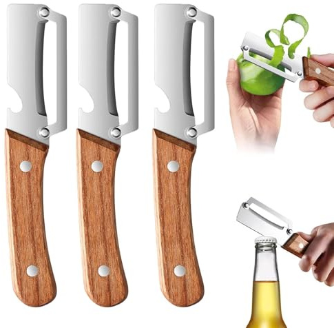 3 Piezas Pelador De Verduras Multifunción, 2-1 Pelador De Verduras De Acero Inoxidable, Peladores De V-erduras Con Mango De Madera Y Abridor De Botellas Integrado, Para Pepino, Calabacín, Berenjena