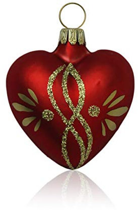 Lauschaer Glas Christbaumschmuck Herzen klein rot matt mit Ranken 4 Stück Christbaumschmuck Weihnachtsbaumschmuck mundgeblasen, handdekoriert