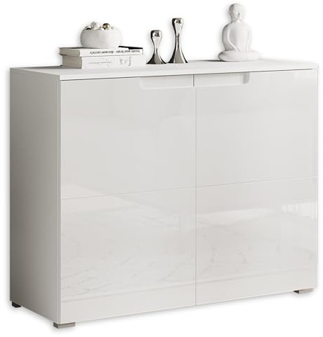 SPICE Kommode in Hochglanz Weiß - Modernes Sideboard mit viel Stauraum für Ihren Wohnbereich - 100 x 80 x 40 cm (B/H/T) | Modernes Design mit Griffmuscheln, mehrere Türen und Schubladen für viel Stauraum, für das Wohnzimmer geeignet