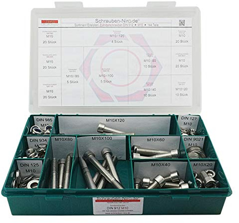 Set DIN 912 Zylinderkopfschrauben M10 Edelstahl A4 mit Muttern + Scheiben | Sortiment M10 DIN 912 Zylinderschrauben Innensechskant Unterlegscheiben DIN 125 127 9021 Muttern DIN 934 985 144 Teile