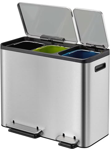EKO Ecocasa Mülleimer 3 Fächer, 3 x 15 Liter, Tretmülleimer Mülleimer für Küche, Abfalleimer mit Deckel, sanftem Schließen und luftdicht, Mülltrennsystem 3-fach mit Griff, Edelstahl Matt