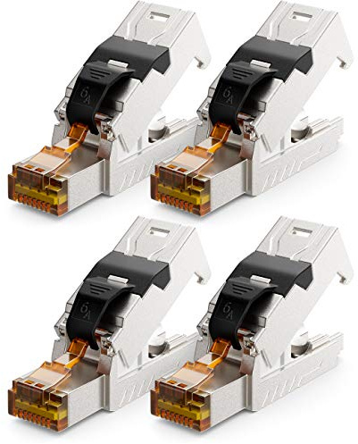 deleyCON RJ45 Stecker 10 Gbit/s werkzeuglos LSA CAT6a-CAT8 PoE, 4 Stück | Schneidklemme, für LAN Ethernet Verlegekabel, Netzwerkkabel, geschirmt, Metallgehäuse
