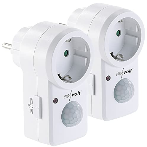 revolt Dämmerungs-Steckdose: 2er-Set Steckdosen mit PIR-Bewegungsmelder, je 1.200 W Schalt-Leistung (Bewegungsmelder-Steckdose innen, Bewegungsschalter, Stecker)