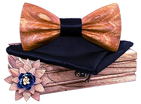 Lovacely Handgefertigte Herren-Fliege aus Naturholz, 3D-Design, mit Einstecktuch und Ansteckblume aus Holz