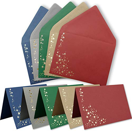 Faltkarten-Set mit Umschlägen DIN C6 A6 - Mix-Paket in verschiedenen Farben mit goldenen Metallic Sternen - 10 Sets - für Drucker geeignet Ideal für Weihnachtskarten