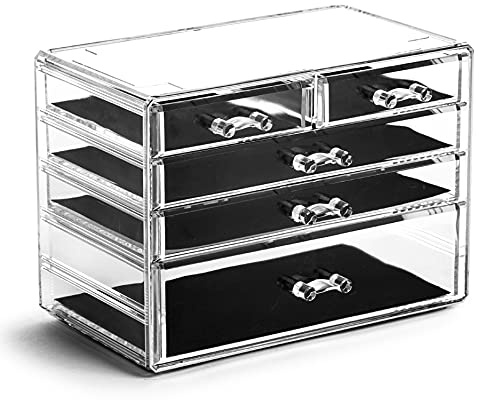 BINO THE MANHATTAN SERIES Acrylic Makeup Drawer Organizer-3 Large 2 Small Drawer | Clear Beauty Organizers and Storage| Cosmetic & Makeup Organizer | Home Organization| Jewelry & Vanity Accessories