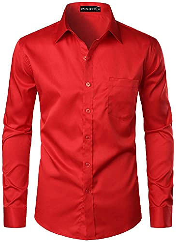 PARKLEES Men's Urban Stylish Casual Business Slim Fit Long Sleeve Button Up Dress Shirt with Pocket Red L