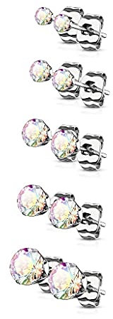 beyoutifulthings Damen 5 Paar Ohringe Runder Zirkonia 3mm 4mm 5mm 6mm 7mm Ohr-ringe Ohr-stecker Chirurgenstahl Silber Regenbogen
