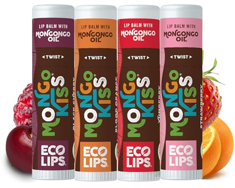 Eco Lips Mongo Kiss Organic Lip Balm 4 Pack Blood Orange, Yumberry, Strawberry Lavender, Black Cherry - 100 Percent USDA Organic - Soothe, Moisturize Dry