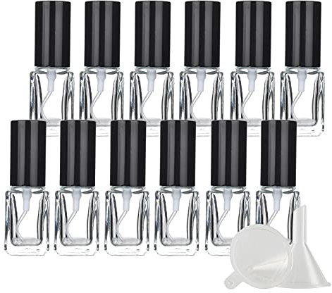 BasicPacking Leer 5ml Transparent Portable Parfüm Zerstäuber mit Schwarz Deckel, 24 Stück Mini Quadrat Dickes Glas Nachfüllbar Parfümzerstäuber Sprühflasche, Parfümflasche Reisen + 6 x Trichter
