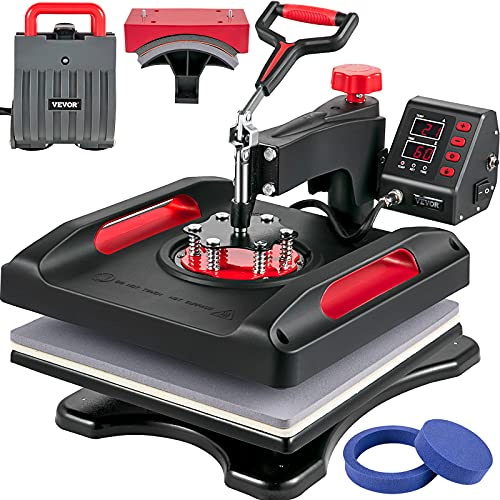 VEVOR Pressa a trasferimento 5 in 1, 38 x 38 cm, macchina da stampa a T shirt, 1000 W, pressa per tessuti, colore nero, stampa termica a 360 gradi, orientabile a LED digitale e controllore del tempo