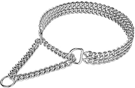 Silver Dog Chain Collar - Stainless Steel, Adjustable Walking, Metal Cuban Link, Chew Proof Double Row Chain Collar for Large, Small, Medium Dogs