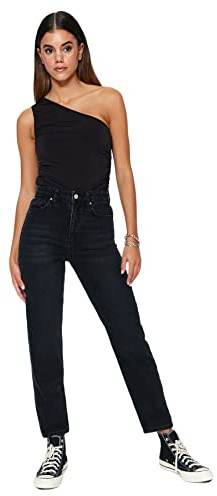 Trendyol Pantalon en Jean Taille Haute pour Femme, Noir, 38