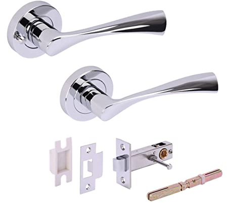 Hunta HANDLEZONE® Zena Privacy Lever On Round Rose Door Handles, with Privacy Latch, for Bathroom, Toilet, WC Doors, 1 Set - Polished Chrome